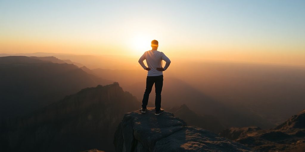 Person on cliff embracing courage and determination.