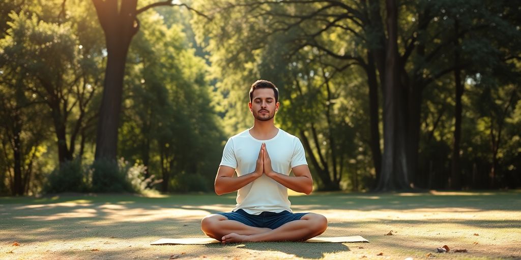 Person meditating in nature, radiating calm and focus.