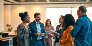 Diverse professionals collaborating in a warm, engaging setting.