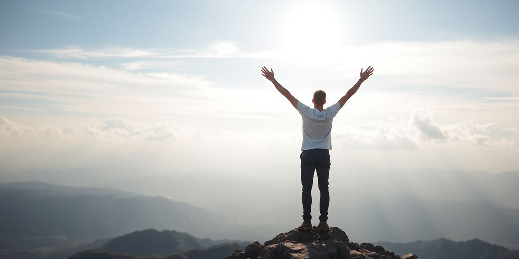 Person celebrating success on a mountain peak with nature.