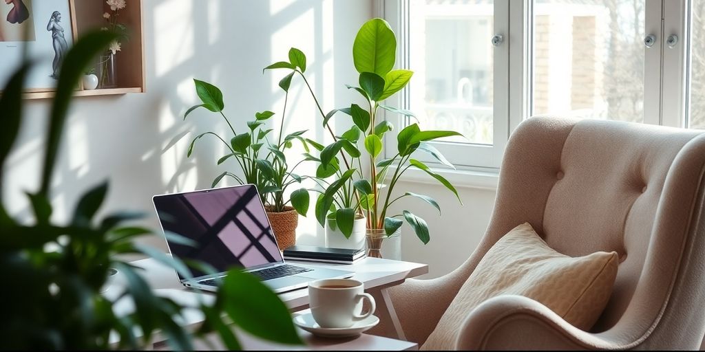 Calm workspace with plants and a laptop, promoting balance.