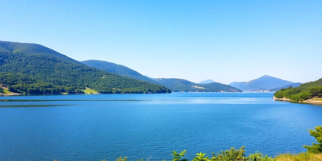 Peaceful lake scene with greenery and blue sky.